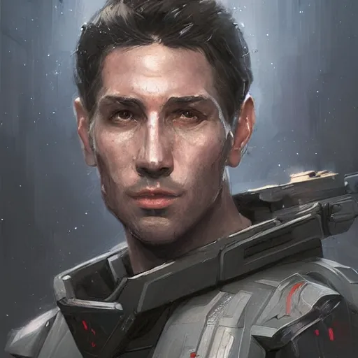 Prompt: portrait of a man by greg rutkowski, a soldier of the galactic dominion, wearing a gray and purple tactical gear, star wars expanded universe, highly detailed portrait, digital painting, artstation, concept art, smooth, sharp foccus ilustration, artstation hq