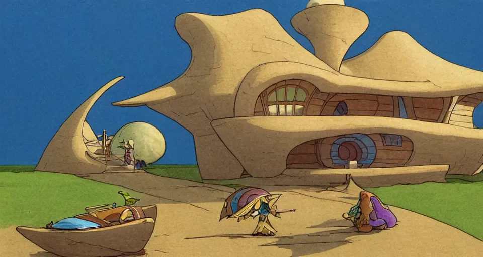 Image similar to seashell - shaped house, by moebius, ralph mcquarrie, in the style of zelda windwaker