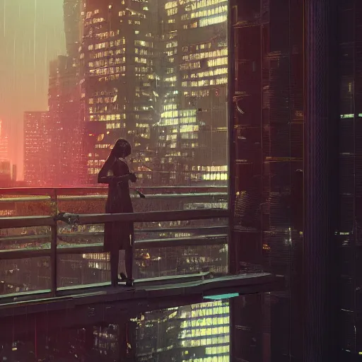 Image similar to a woman standing on the top of a building in a cyberpunk city, nighttime, raining, intricate artwork by Tooth Wu and wlop and beeple, octane render, hyper realism, 8k