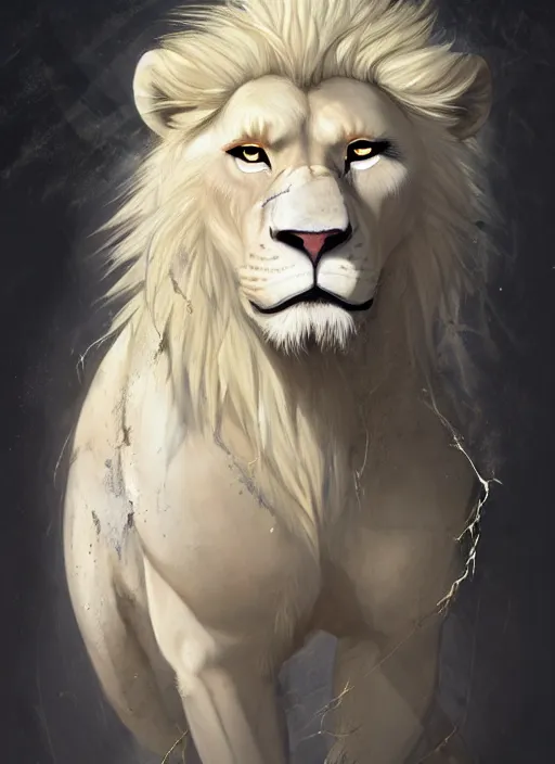 Image similar to award winning beautiful portrait commission of a male furry anthro albino lion wearing a burnt and torn tuxedo outfit with scarred face and scratches on his muscular belly with beautiful hyperdetailed face. Character design by charlie bowater, ross tran, and makoto shinkai, detailed, inked, western comic book art