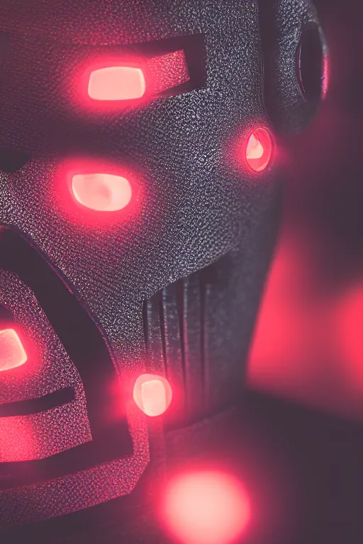 Image similar to closeup shot of a carbon black cyborg, macro shot, dof, cinematic, volumetric lighting, studio shot, red light, 4 k