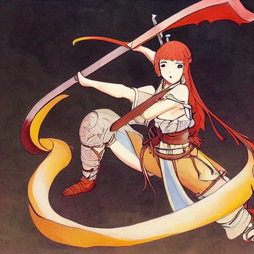 Image similar to a girl wielding a sword fights with a dragon,anime