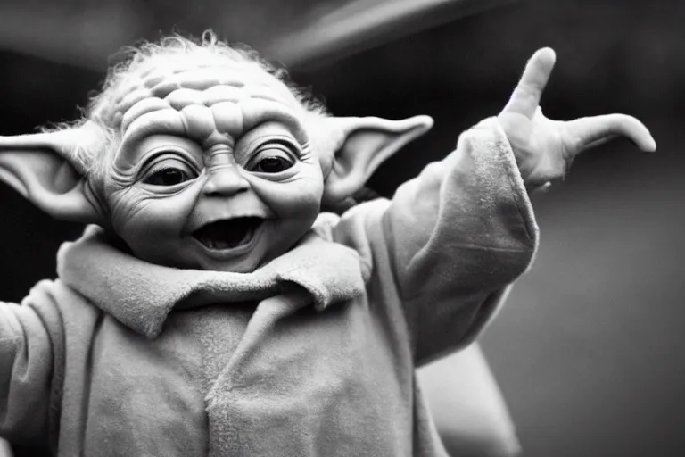 Image similar to baby-yoda!!!!!!, happy, in a playground, on a slide, arms in the air, shallow depth of field,