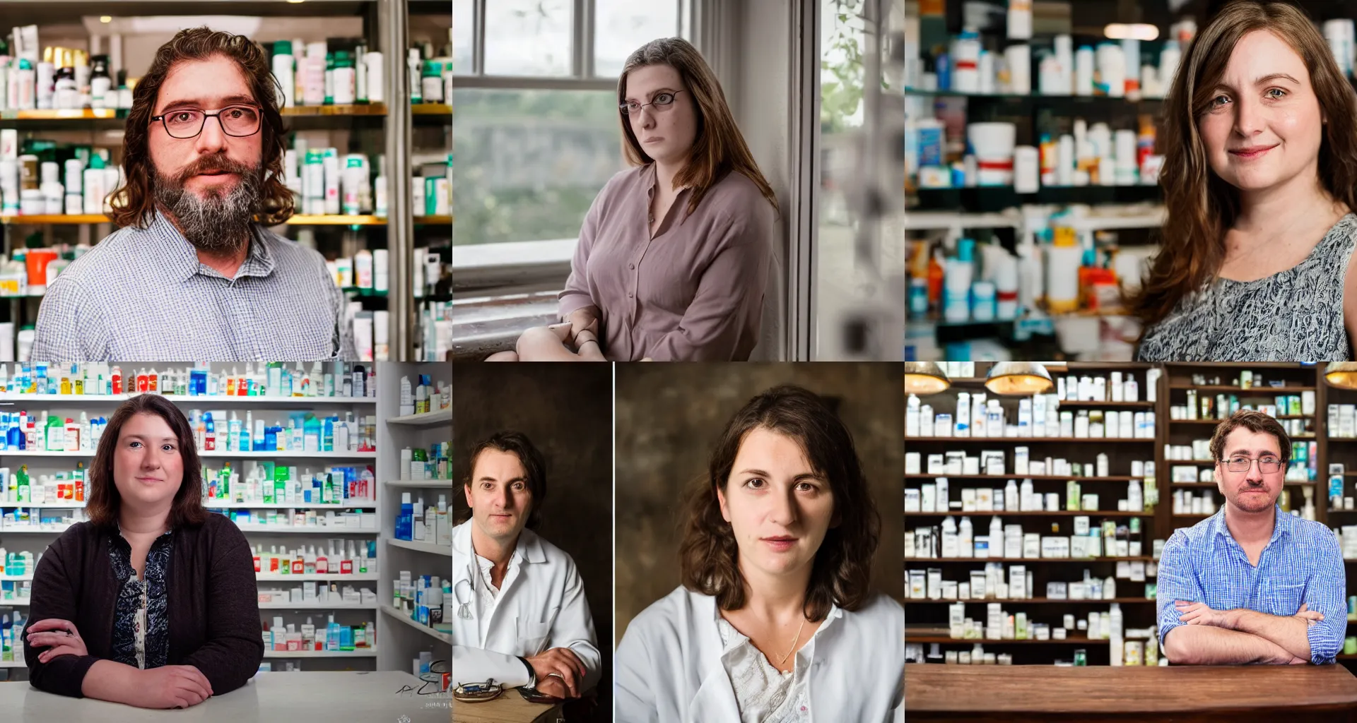Prompt: closeup headshot photo of the person who is a pharmacist and a folk singer, glass shelf background by Gregory Crewdson and photography by Laura Pannack, visible details, Nikon D850, f/5.6, ISO 100