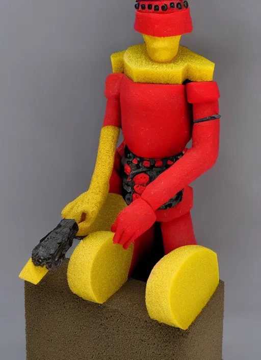 Image similar to sponge sculpture of an ancient warrior red and black and gold theme