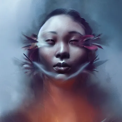 Prompt: a beautiful native filipino woman who is also a dragon breathing out incredible thick smoke covering her face, thought provoking, matte colors, very very very dramatic lighting, abstract and inspiring digital art trending on artstation