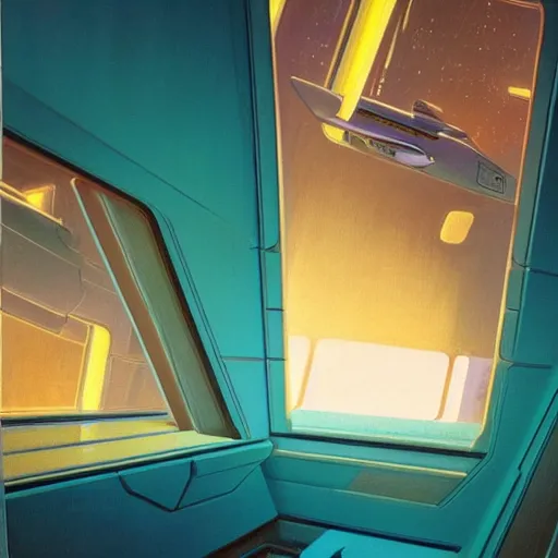 Image similar to Cozy interior of a spaceship, teal lighting, cozy lighting, space seen outside from a window, by Syd Mead, John Harris, Federico Pelat