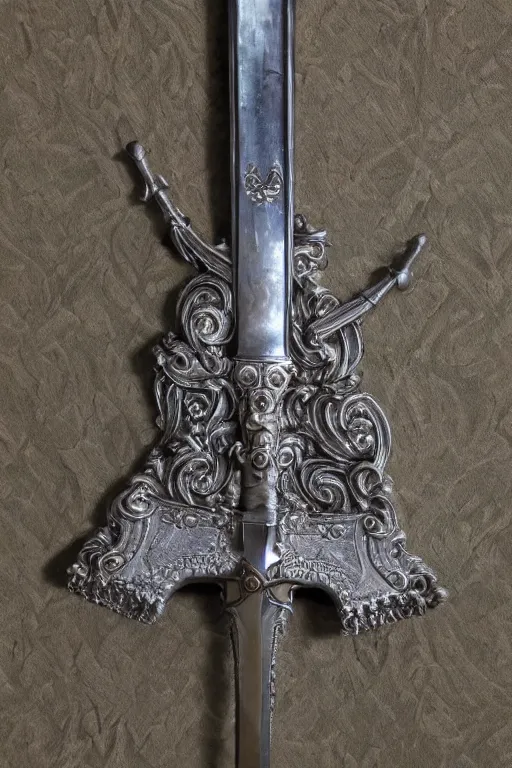 Prompt: sword of justice hanging on a wall, ornate gem in pommel, engraved blade, tip on a pillow