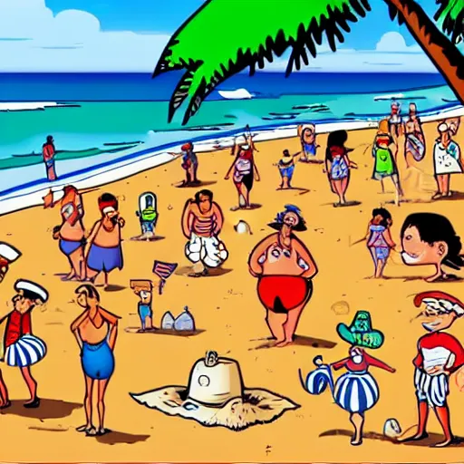 Prompt: a cartoonish where is waldo scene on a beach