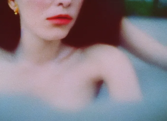 Image similar to close-up color film photography 1970 of woman in style of nan goldin, soft focus, golden hour, soft light, 35mm, film photo