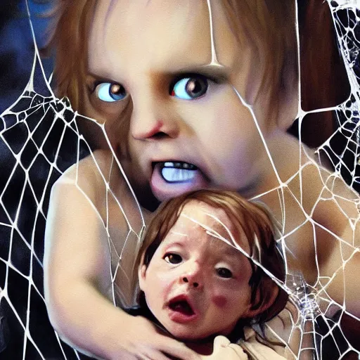 Image similar to Lord of the rings spider eating a human baby in its web realistic painting ultra detailed horror UHD 4k