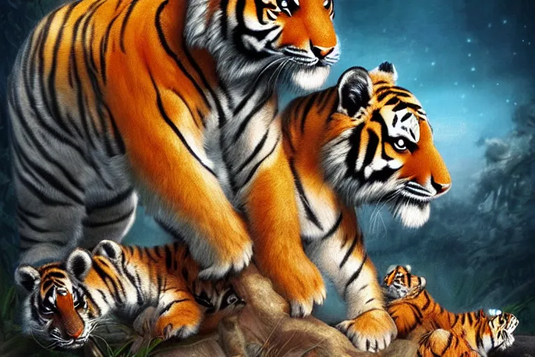 Image similar to beautiful aesthetic digital illustration of a solitary female tiger with her litter of newborn cubs by Lisa Parker and Anne Stokes, matte background, deviantArt, artstation, trending on artstation