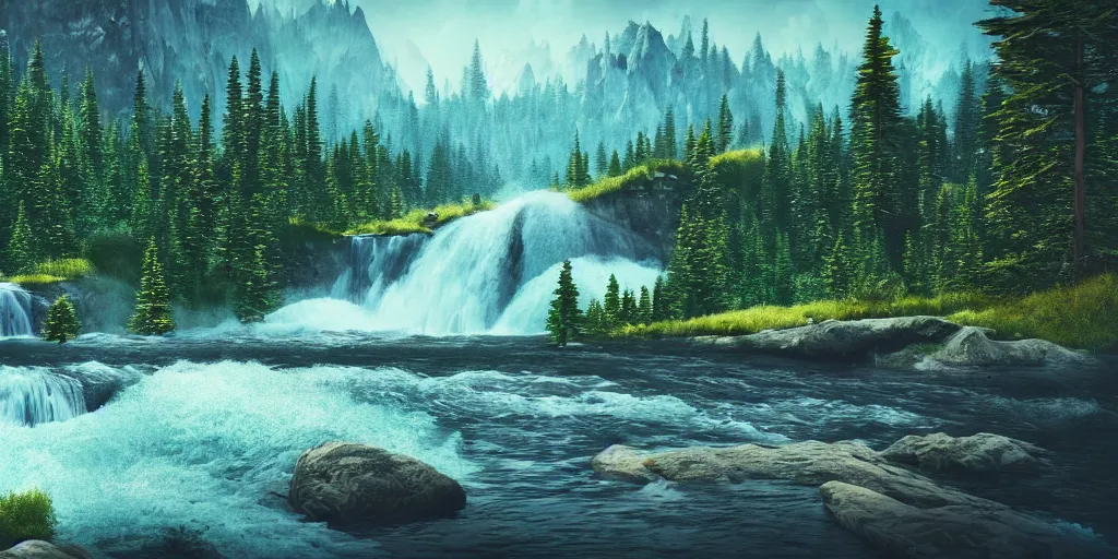 Prompt: epic landscape. mountains. river. waterfall. pine trees. lake. forest. cinematic. epic. high details, photorealistic. concept art. artstation trending. photorealistic. 3 5 mm film.