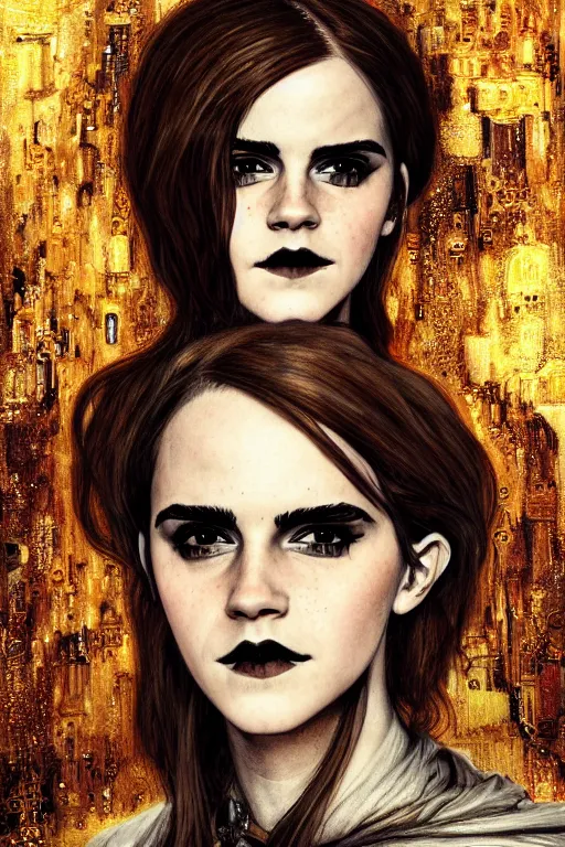 Image similar to portrait of beautiful gothic Emma Watson, cyberpunk, Warhammer, highly detailed, artstation, illustration, art by Gustav Klimt