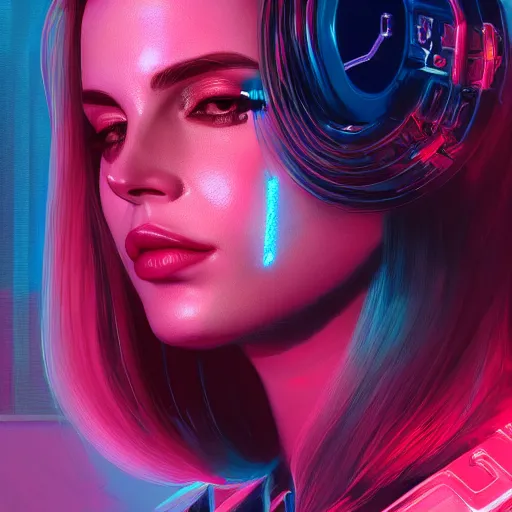 Image similar to portrait of cyborg lana del rey. intricate abstract. intricate artwork cyberpunk by tooth wu, wlop, beeple, dan mumford. octane render, trending on artstation, greg rutkowski ruan jia, cinematic lighting, hyper realism, high detail, octane render, 8 k, key art, blue and pink, iridescent accents