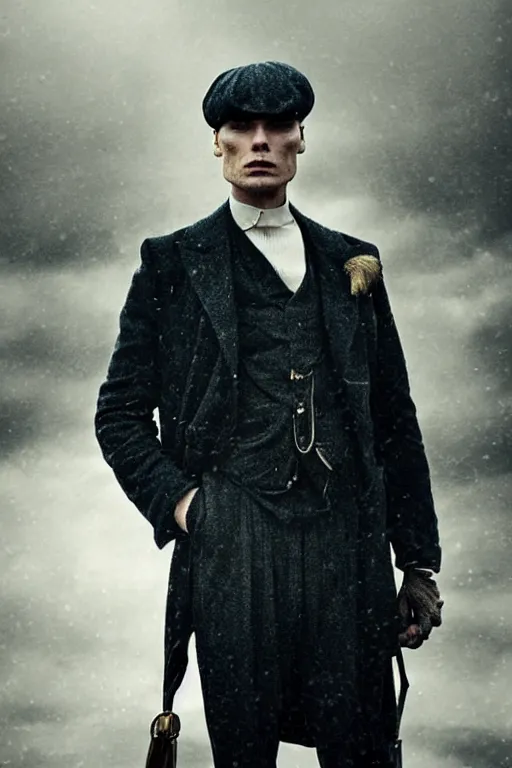 Prompt: Dramatic Full-body portrait of Cillian Murphy in Peaky Blinders standing, dramatic, gloomy, dark, bleak, cheerless, desolate, impressive, tragic, cinematic, dull colours, dark colour scheme, atmospheric