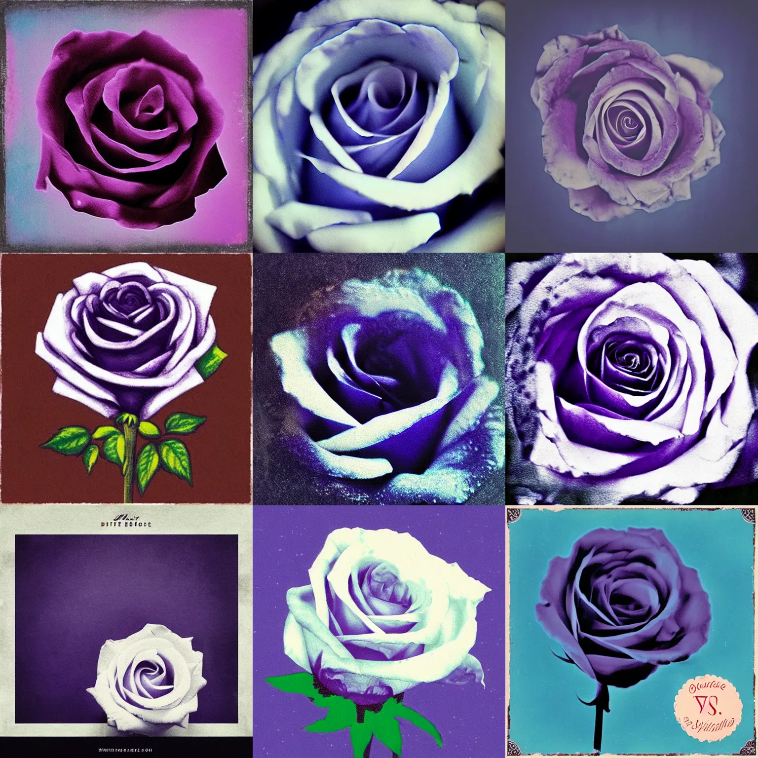 Prompt: “white rose silloutte on dark purple blue background, album artwork, grainy vintage”