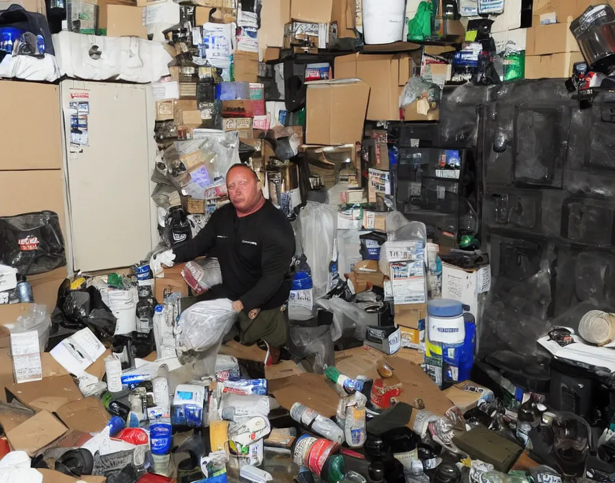 Image similar to Alex Jones inventing new conspiracy theories in his garage office, surrounded by boxes of herbal supplements and trash, swat riot team is kicking in the door, tear gas, detailed photograph high quality