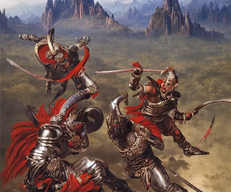 Prompt: wide angle shot from above of silver ornate armor slim muay thai handsome warriors in battle!!! mountains and giant gothic abbeys in the background, fine detail, 8 k, high contrast color scheme, blue at the background red at the foreground!!!, dynamic perspective, oil canvas by greg rutkowski and peter mohrbacher