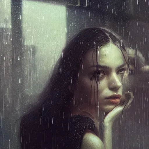 Image similar to detailed portrait of a woman, moment, cyberpunk cloisters, electronic billboards, tech noir, wet reflections, atmospheric, ambient, livia prima, greg rutkowski, edward hopper