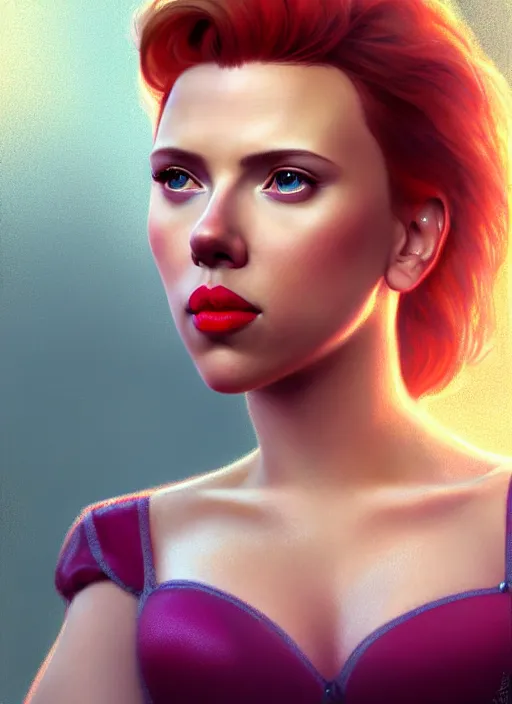 Image similar to scarlett johansson portrait as a disney princess, au naturel, hyper detailed, digital art, trending in artstation, cinematic lighting, studio quality, smooth render, unreal engine 5 rendered, octane rendered, art style by klimt and nixeu and ian sprigger and wlop and krenz cushart