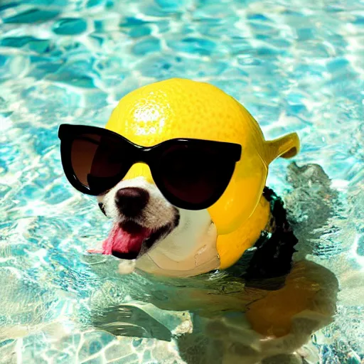 Prompt: Lemon wearing sunglasses in a pool