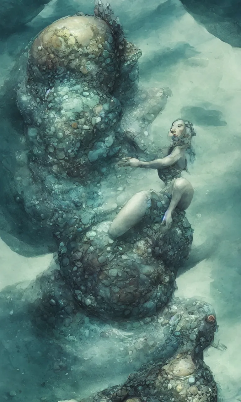 Prompt: a beautiful sea creature sitting on some rocks near the sea, it is like a woman with a round skull, small black eyes, blue-green fish skin, top model body, long fingers with membranes on hands and feet, fine and shiny moist skin incredibly attractive, in alan lee and marc simonetti and emil melmoth style , cinematic lighting