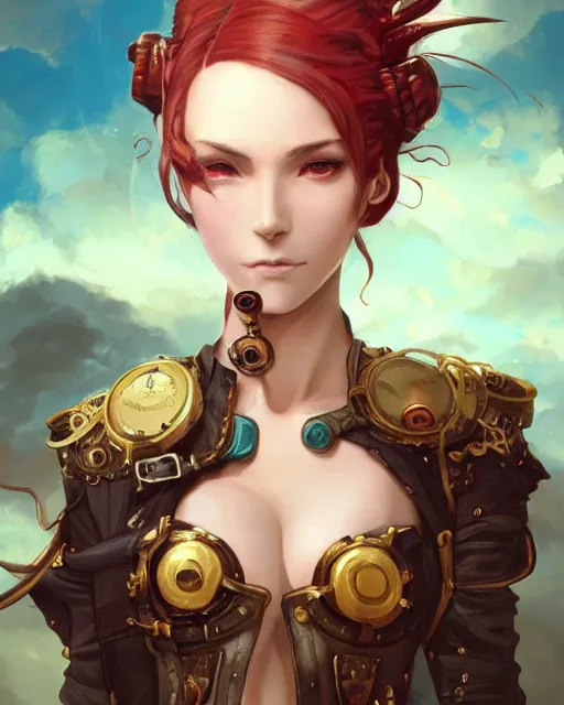 Prompt: a beautiful close up portrait 2D illustration of a young female steampunk pirate wearing leather armor on gold and red trimmings on green, by Charlie Bowater, tom bagshaw, Artgerm and Lois Van Baarle, beautiful anime face, very cool pose, pirate ship with an epic sky background, slightly smiling, cinematic anime lighting and composition, fantasy painting, very detailed, ornate, trending on artstation and pinterest, deviantart, google images