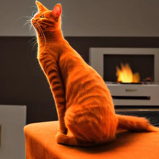 Prompt: an orange cat staring at a drawer ~ on fire ~ fire ~ high - resolution photo ~