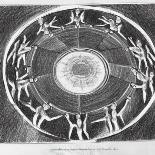 Image similar to A beautiful drawing of a group of people standing around a circular table. In the center of the table is a large, open book. The people in the drawing are looking at the book with interest and appear to be discussing its contents. mythological map by Janine Antoni exciting