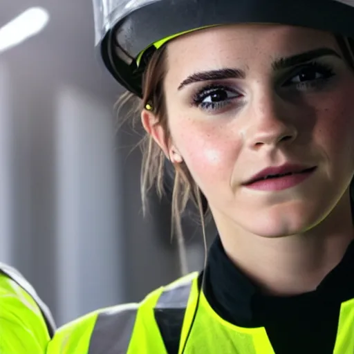 Image similar to photo, close up, emma watson in a hi vis vest, in warehouse, android cameraphone, 2 6 mm, low resolution,