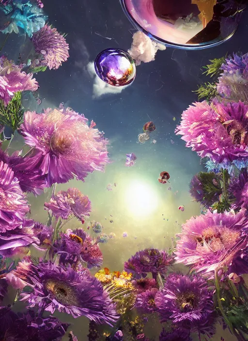 Image similar to An epic fantastic realism comic book style painting of the most beautiful flowers launched into space, perfect shiny silver iridescent dichroic spheres, bouquets, fisheye lens, unreal 5, DAZ, hyperrealistic, octane render, dynamic lighting