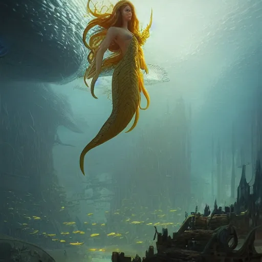 Image similar to a beautiful stunning interesting fantasy digital matte illustration by Grzegorz greg rutkowski and Marc Simonetti and James Jean, of an Atlantis atlantian market with mermaids underwater, yellow and gold color palette, trending on artstation hq