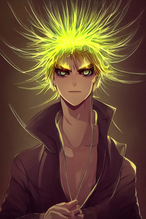 Image similar to glowing luminescent dandelion male anime character, symmetrical, highly detailed, digital art, sharp focus, trending on art station, amber eyes, autumnal colours