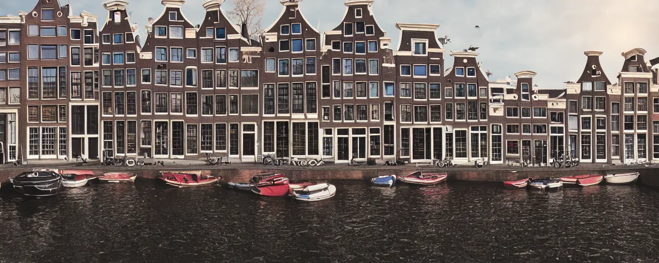 Image similar to view of houses in amsterdam, with water and boats, photography, 3 5 mm, hyper realistic, 8 k, unreal engine, illustration, happy lighting