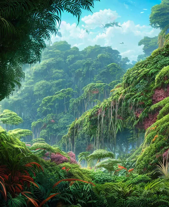 Image similar to an enormous conservatory, overgrown with huge weird ferns and exotic fungus, on an ocean cliff side, noon, sun drenched, partly cloudy, by dan mumford, yusuke murata, makoto shinkai, ross tran, cinematic, unreal engine, cel shaded, featured on artstation, pixiv