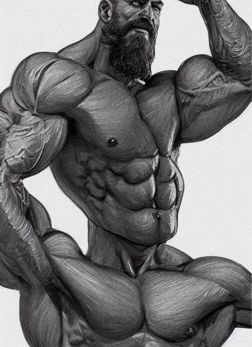 Prompt: a highly detailed illustration of short haired shirtless bearded god, heroically flexing bodybuilding pose, one arm bicep flexing other arm pointing straight, muscular, intricate, elegant, highly detailed, centered, digital painting, artstation, concept art, smooth, sharp focus, league of legends concept art, WLOP