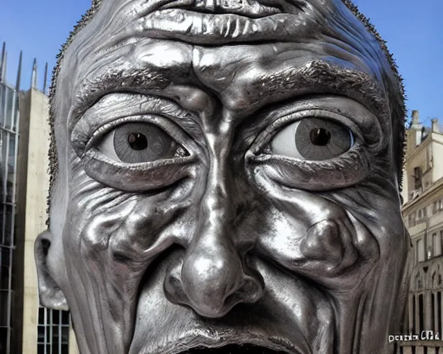 Image similar to by francis bacon, louise bourgeois, bruno catalano, mystical photography evocative. an intricate fractal concrete and chrome carved sculpture of the secret faces of god, standing in a city center.