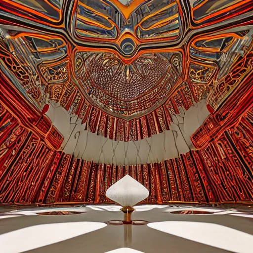 Prompt: interior of a futuristic lotus mandala temple with gold, red and white marble panels, in the desert, by buckminster fuller and syd mead, intricate contemporary architecture, photo journalism, photography, cinematic, national geographic photoshoot