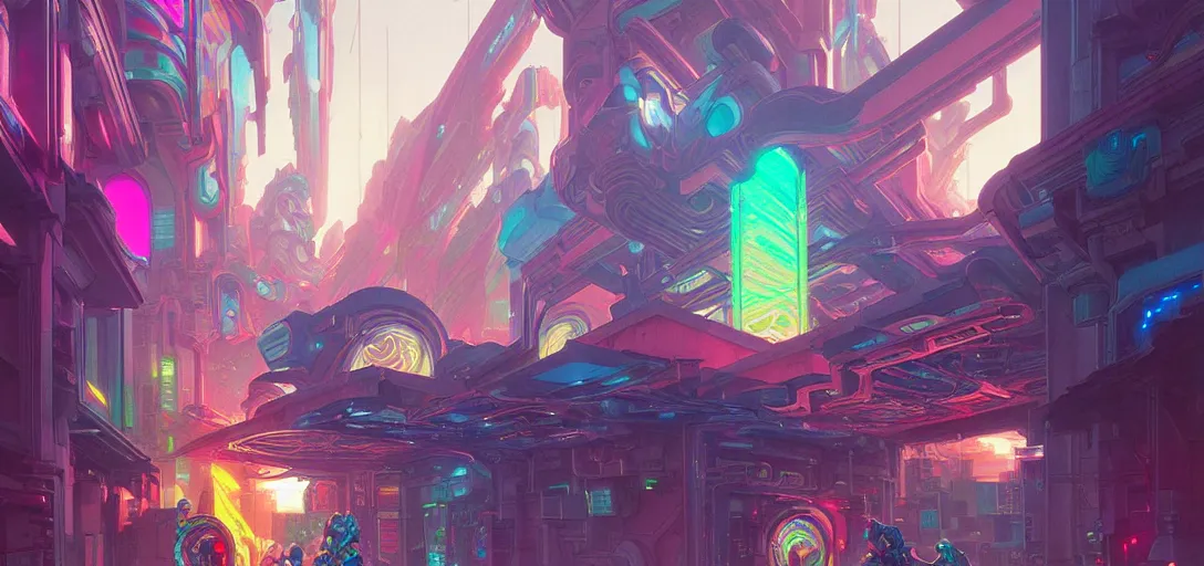 Image similar to street view of a cybernetic temple, vaporwave aesthetic, colorful, psychedelic, digital painting, artstation, concept art, smooth, sharp focus, illustration, art by artgerm and greg rutkowski and alphonse mucha