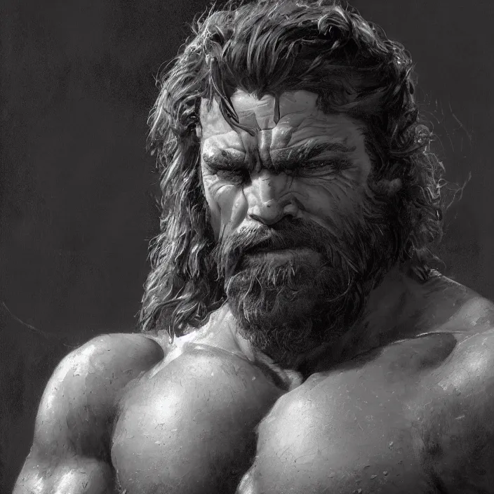 Image similar to portrait of a young sad rugged barbarian, muscular , manowar, upper body, hairy torso, D&D, fantasy, intricate, cinematic lighting, highly detailed, digital painting, artstation, concept art, smooth, sharp focus, illustration by Frank Frazetta, art by Francis Bacon and Greg Rutkowski and Alphonse Mucha