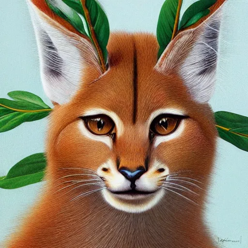 Image similar to fullbody portrait of cute fluffy caracal, wearing laurel wreath on his head, illustration, high detail, francine van hove