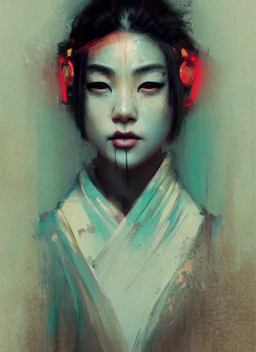 Prompt: female geisha girl, beautiful face, neon, rule of thirds, intricate outfit, spotlight, by greg rutkowski, by jeremy mann, digital painting