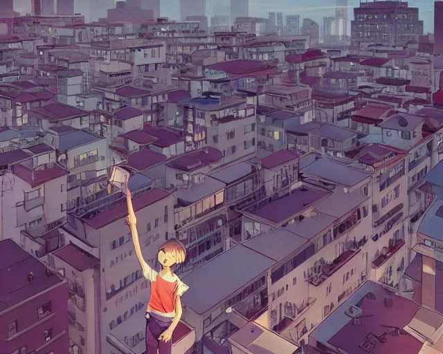 Image similar to teen standing on the roof of a building, sunset, bird eye view, fisheye view, illustration, by pine ( ハイネ ) and 薯 子 imoko and 香 川 悠 作 and wlop and maya takamura, highly detailed, trending artstation, pixiv, digital art