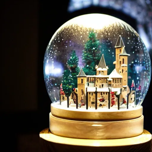 Prompt: A snowglobe is on display with a castle inside.