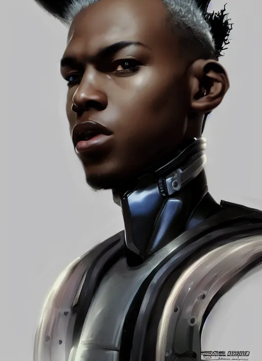 Prompt: portrait of a young black man with a mohawk and a solid black pupils, wearing futuristic techwear highly detailed, digital painting, artstation, concept art, smooth, sharp focus, illustration, art by wlop, uang guangjian and gil elvgren and sachin teng and greg rutkowski