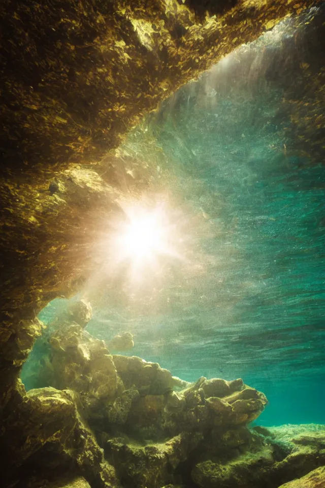 Prompt: underwater looking up, one woman swimming alone in large tall rock trench , toward the sun rays and caustics, film , cinematic, underwater photography, low angle view, wide lens