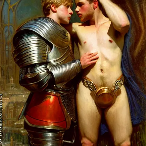 Image similar to attractive arthur pendragon confesses his love for his attractive male knight. highly detailed painting by gaston bussiere and j. c. leyendecker 8 k