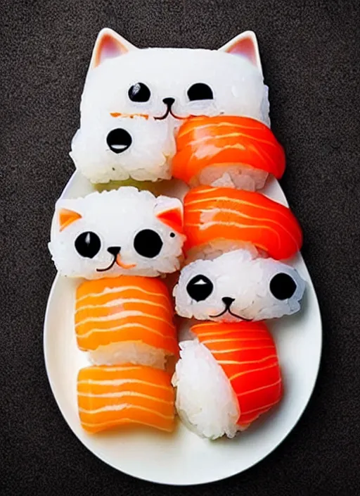 Image similar to clear photorealistic picture of adorable cats made out of sushi