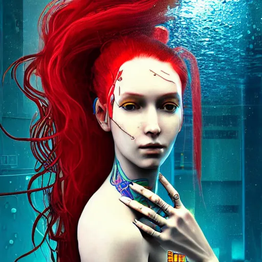 Image similar to portrait of a robot girl with long red hair and a tattoo in the style of the game cyberpunk 2 0 7 7, under water, very beautiful enga style, the girl is wrapped in color, photorealism albrecht durer george copeland ault